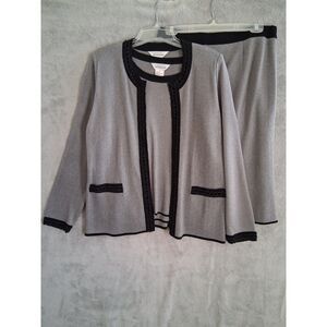 Misook Lg Skirt Suit Blazer Shell Knit 3Pc Gray Black Knee Length Evening Career